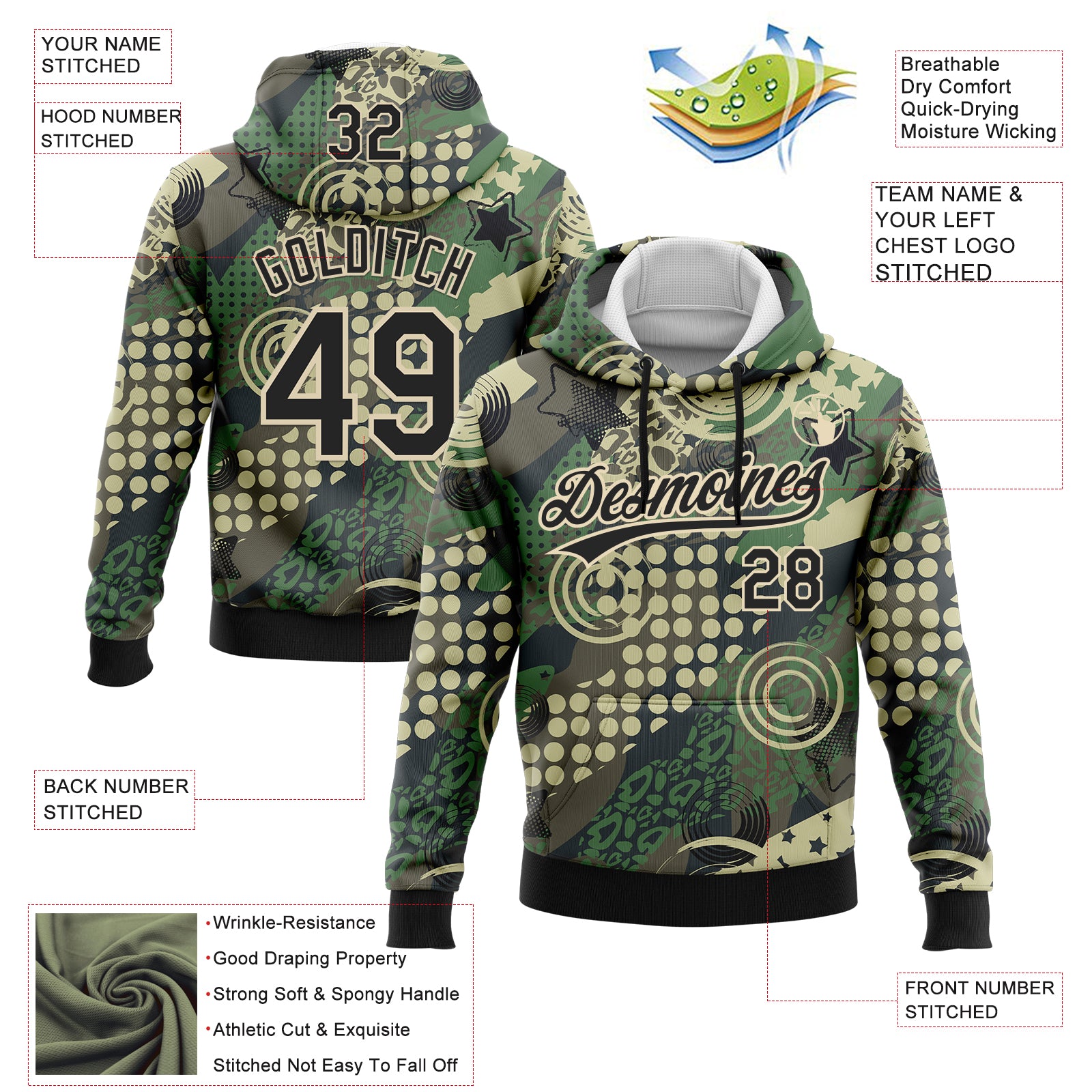 Custom Stitched Camo Black-Cream 3D Dots And Geometric Figures Sports Pullover Sweatshirt Salute To Service Hoodie