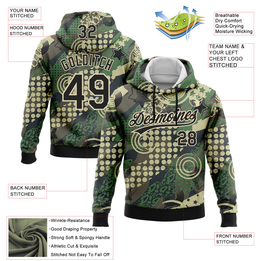 Custom Stitched Camo Black-Cream 3D Dots And Geometric Figures Sports Pullover Sweatshirt Salute To Service Hoodie
