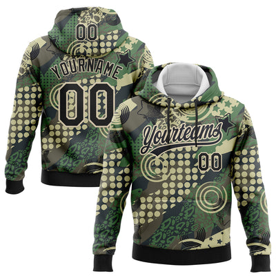 Custom Stitched Camo Black-Cream 3D Dots And Geometric Figures Sports Pullover Sweatshirt Salute To Service Hoodie