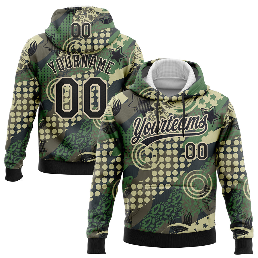 Custom Stitched Camo Black-Cream 3D Dots And Geometric Figures Sports Pullover Sweatshirt Salute To Service Hoodie