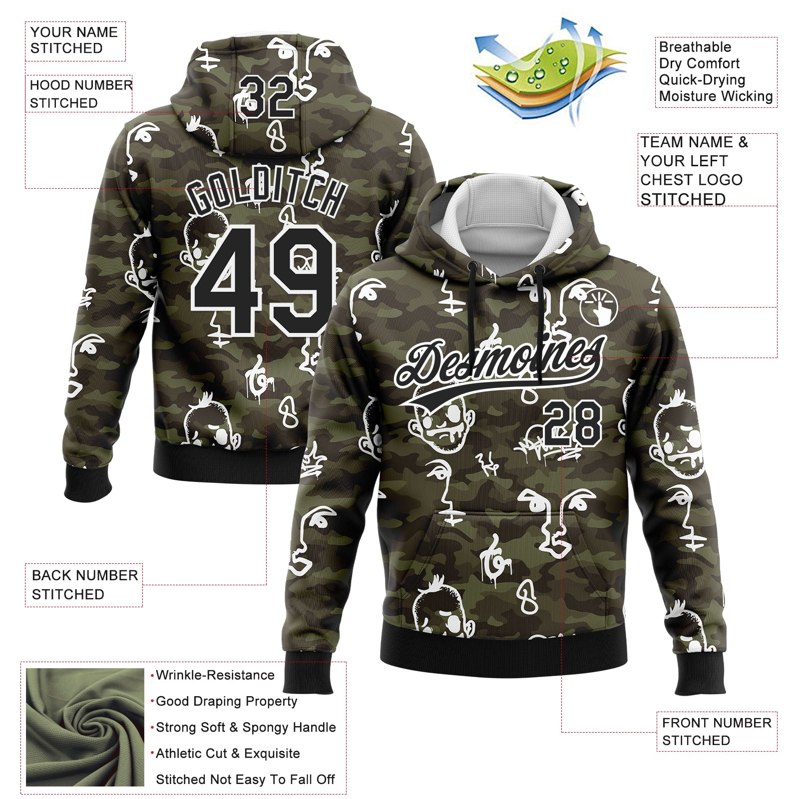 Custom Stitched Camo Black-White 3D Hand Painted Face Sports Pullover Sweatshirt Salute To Service Hoodie