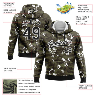 Custom Stitched Camo Black-White 3D Hand Painted Face Sports Pullover Sweatshirt Salute To Service Hoodie