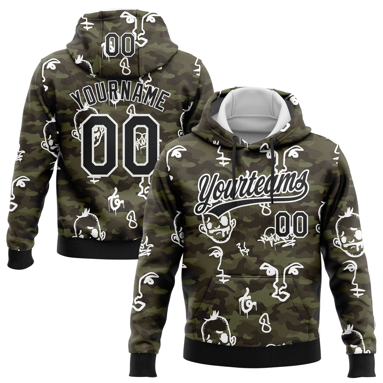 Custom Stitched Camo Black-White 3D Hand Painted Face Sports Pullover Sweatshirt Salute To Service Hoodie