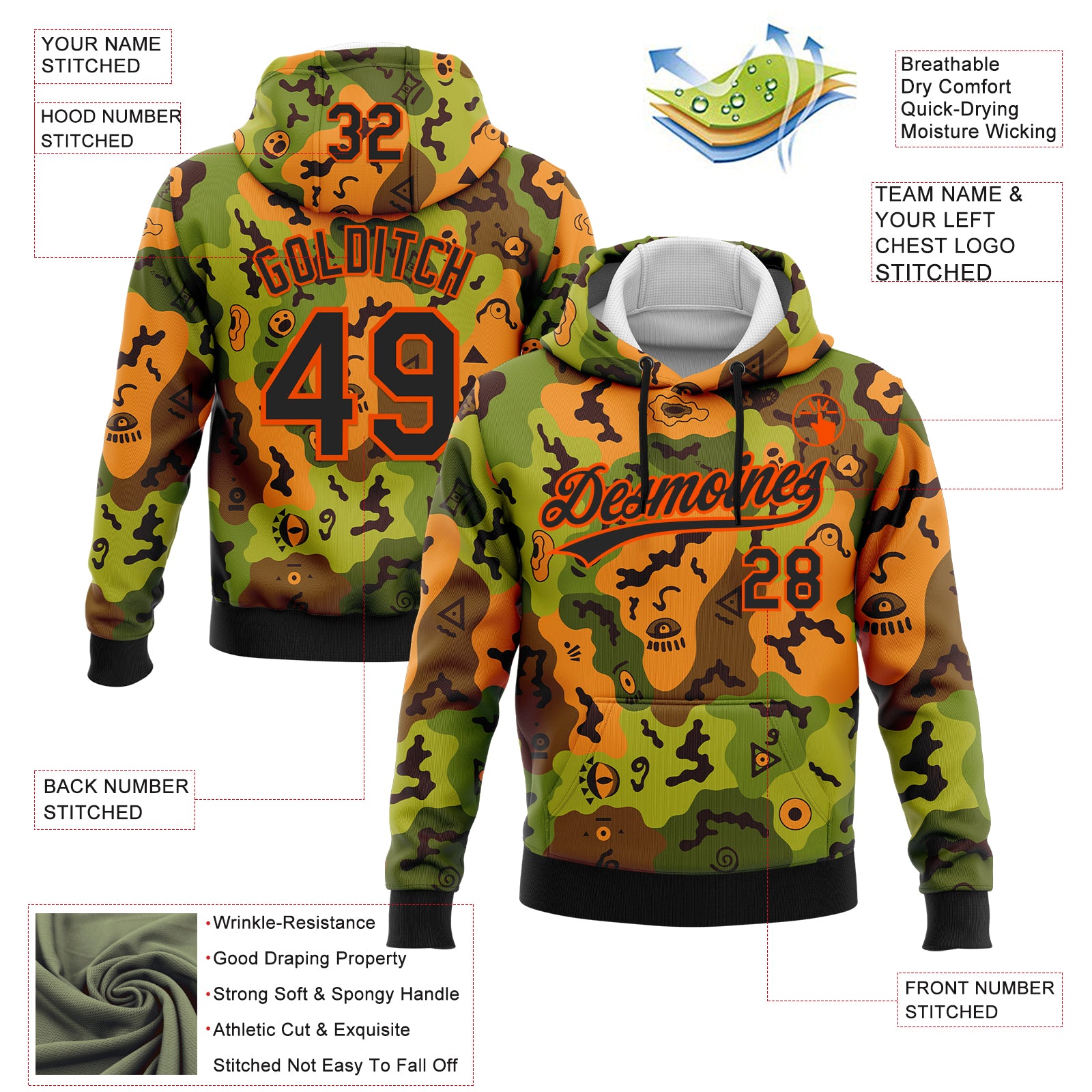 Custom Stitched Camo Black-Orange 3D Funny Faces Sports Pullover Sweatshirt Salute To Service Hoodie
