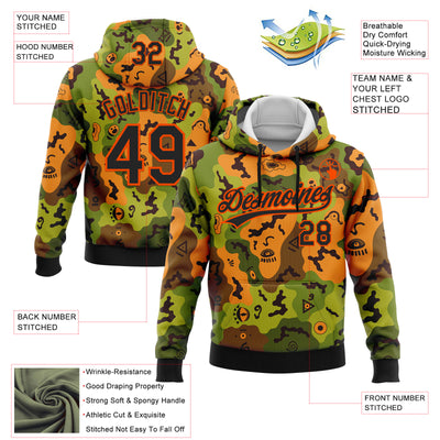Custom Stitched Camo Black-Orange 3D Funny Faces Sports Pullover Sweatshirt Salute To Service Hoodie