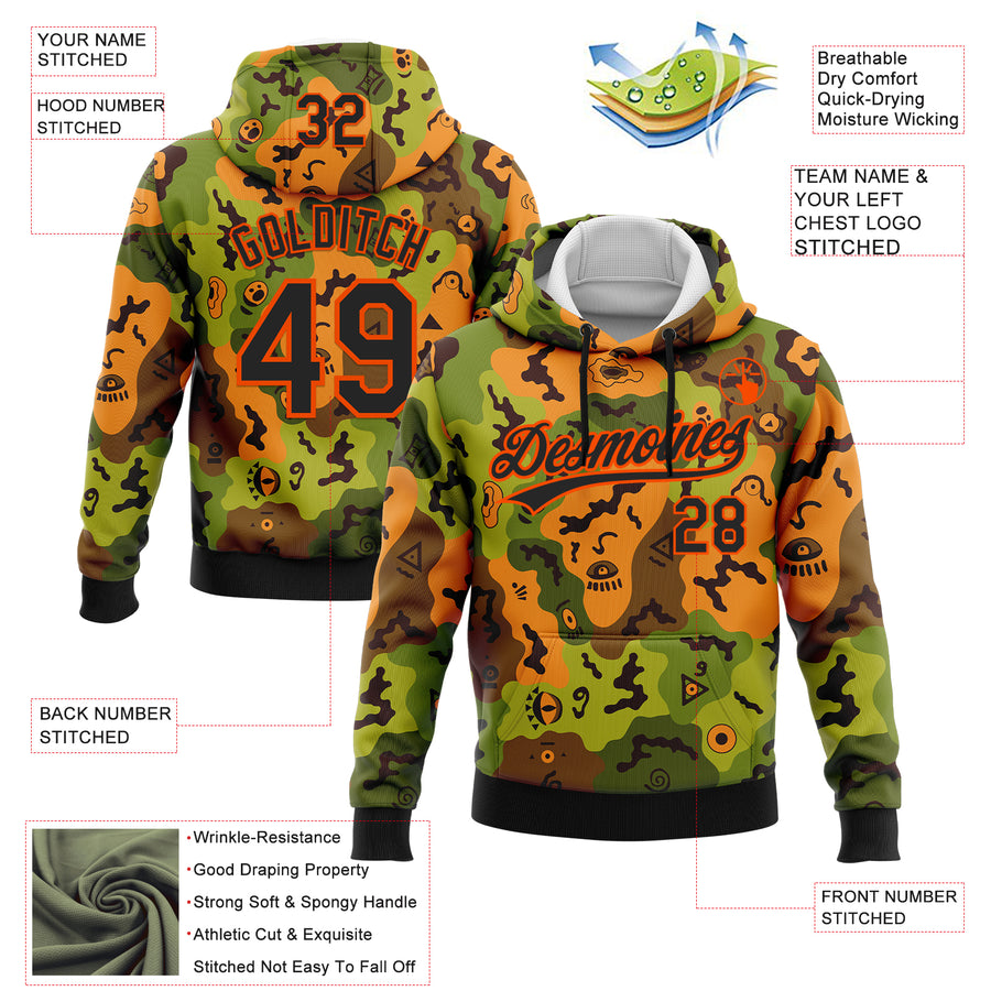 Custom Stitched Camo Black-Orange 3D Funny Faces Sports Pullover Sweatshirt Salute To Service Hoodie