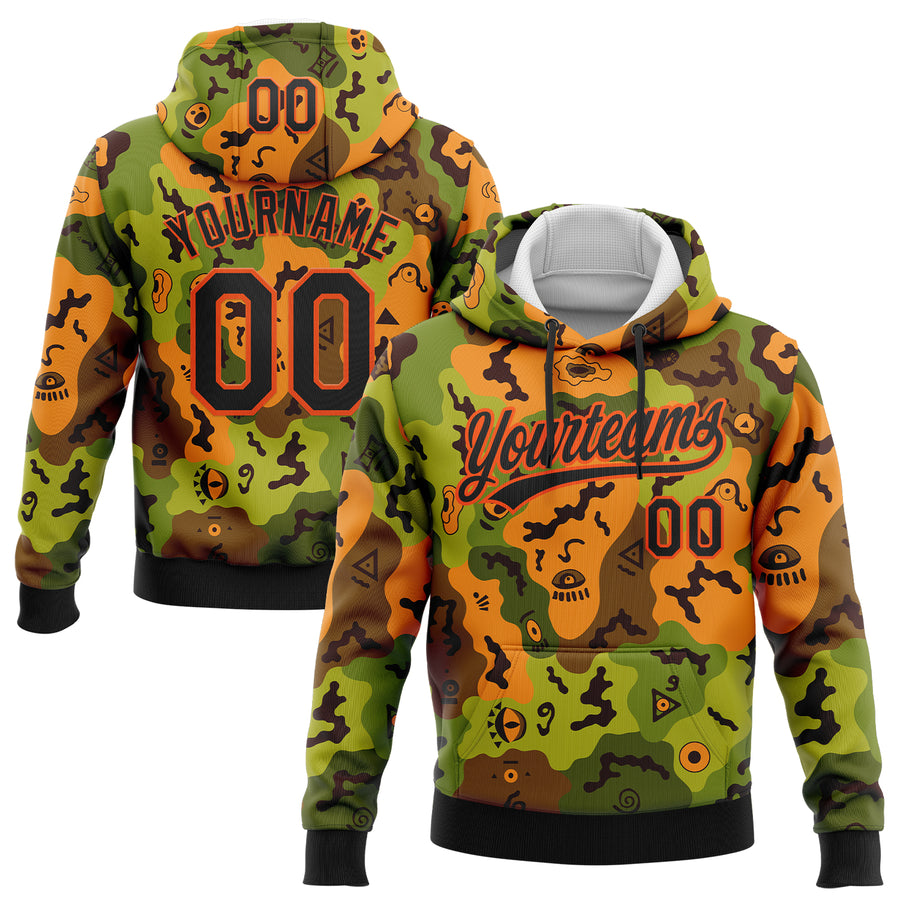 Custom Stitched Camo Black-Orange 3D Funny Faces Sports Pullover Sweatshirt Salute To Service Hoodie