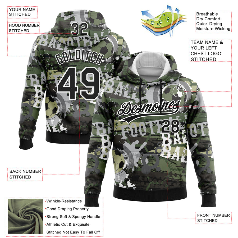 Custom Stitched Camo Black-White 3D Football Sports Pullover Sweatshirt Salute To Service Hoodie