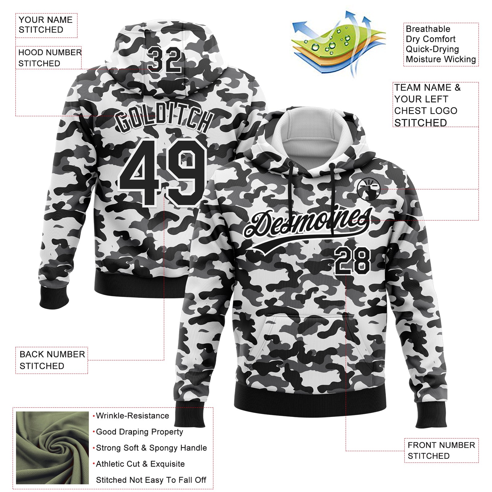 Custom Stitched Camo Black-White 3D Sports Pullover Sweatshirt Salute To Service Hoodie