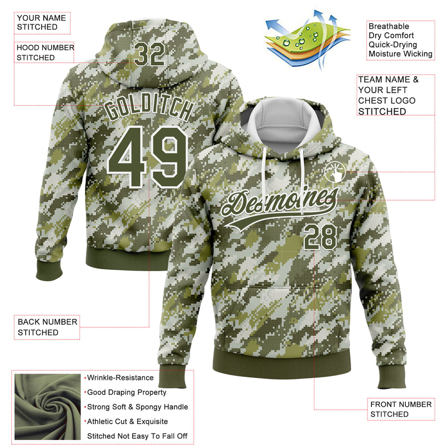 Custom Stitched Camo Olive-White 3D Sports Pullover Sweatshirt Salute To Service Hoodie