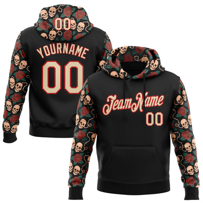 Custom Black City Cream-Red 3D Skull Roses Tattoo Floral Sports Pullover Sweatshirt Hoodie