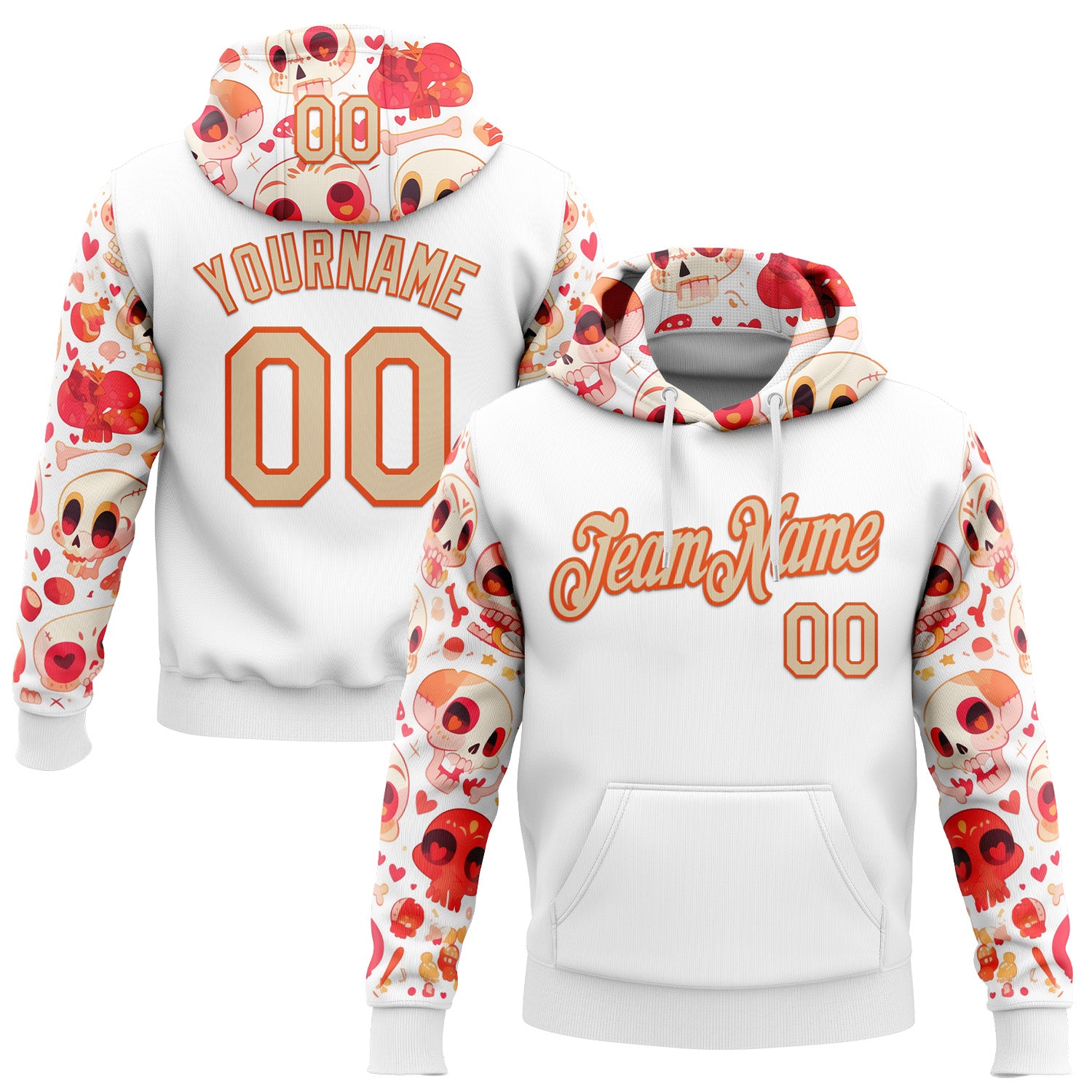 Custom White City Cream-Orange 3D Skull Heart Sports Pullover Sweatshirt Hoodie