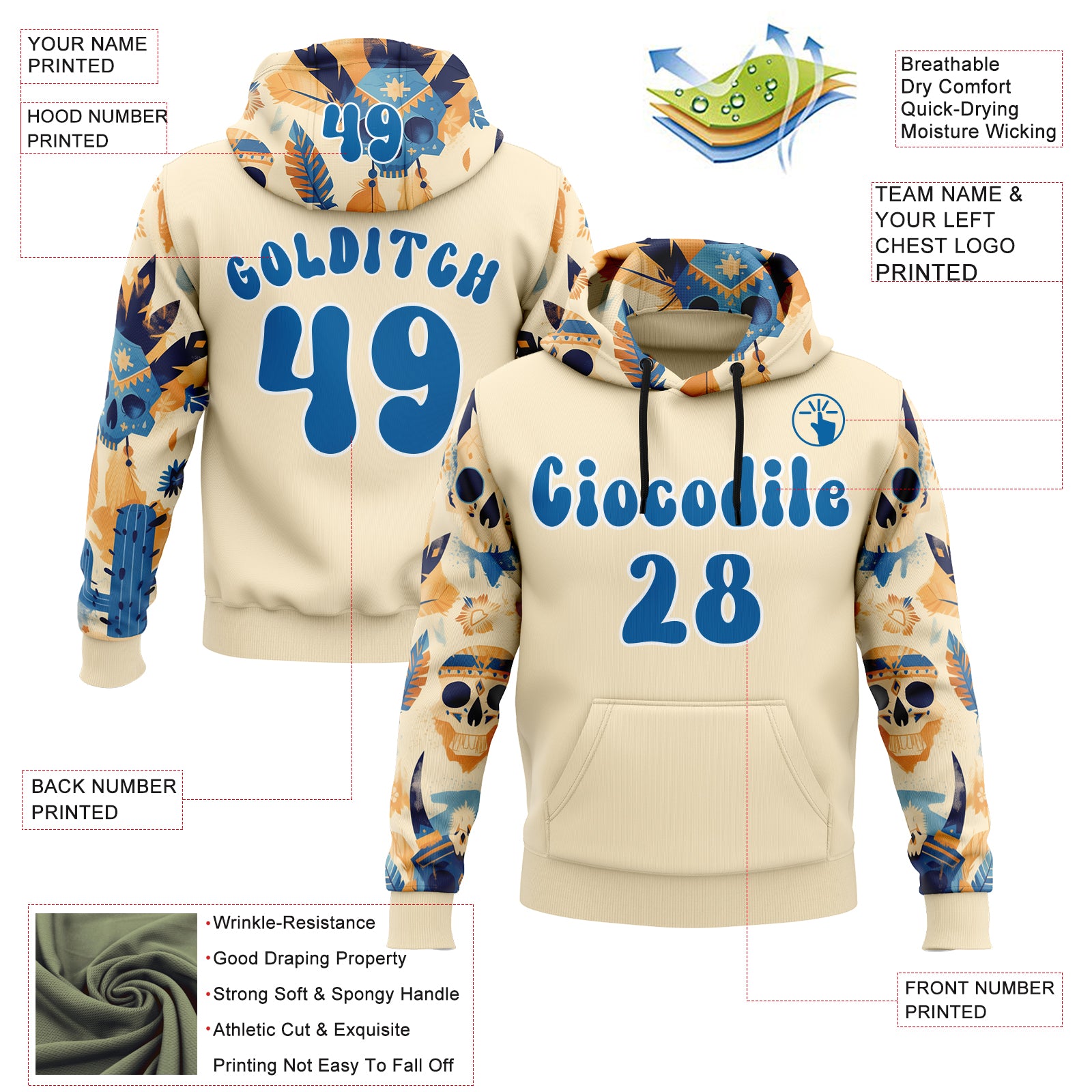 Custom City Cream Blue-White 3D Skull Chief Tribal Sports Pullover Sweatshirt Hoodie