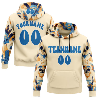 Custom City Cream Blue-White 3D Skull Chief Tribal Sports Pullover Sweatshirt Hoodie