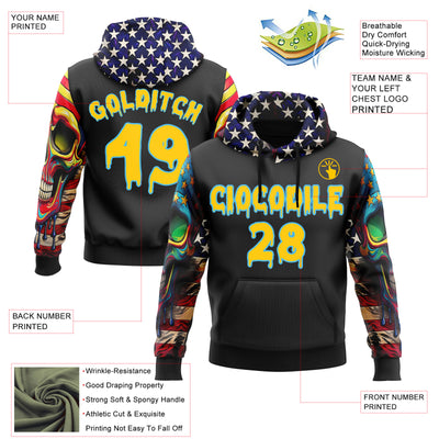Custom Black Yellow-Sky Blue 3D Skull American Flag Inspired Graffiti Sports Pullover Sweatshirt Hoodie