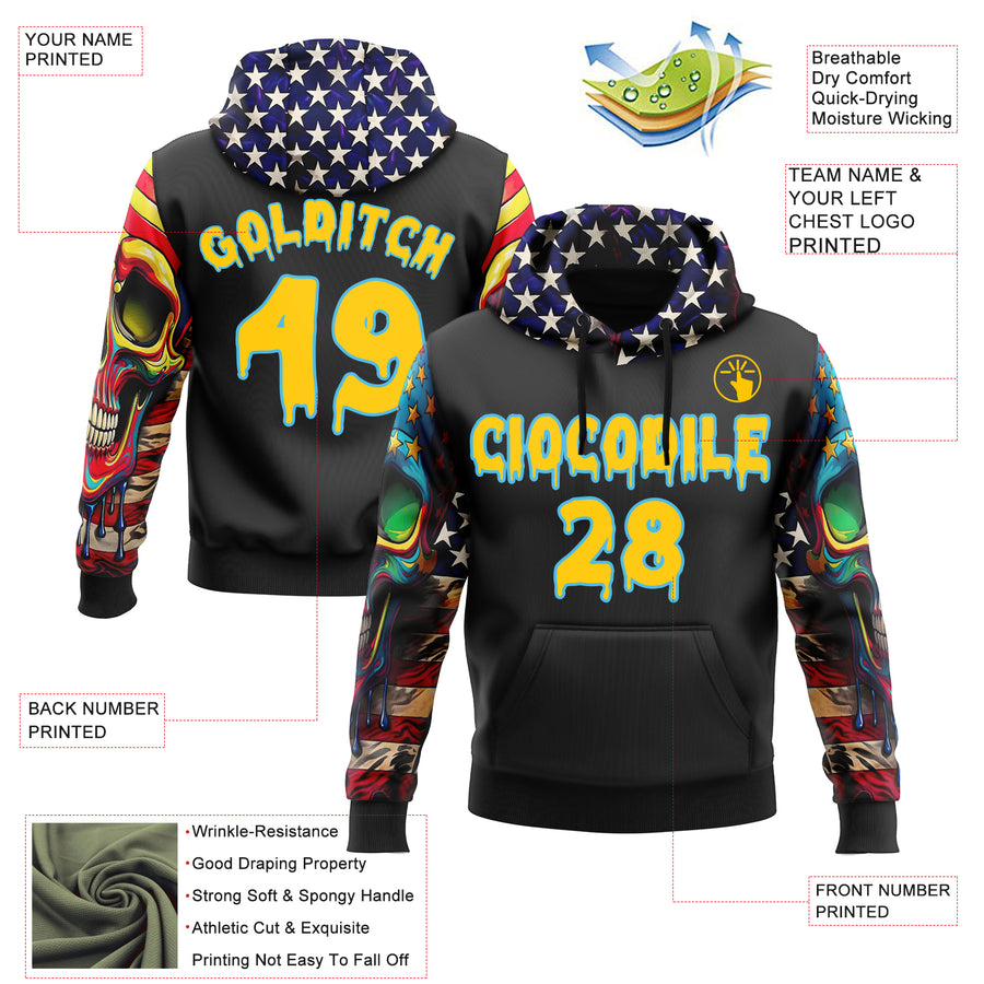 Custom Black Yellow-Sky Blue 3D Skull American Flag Inspired Graffiti Sports Pullover Sweatshirt Hoodie
