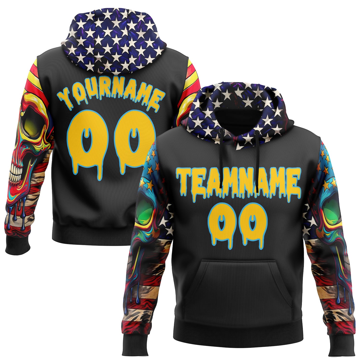 Custom Black Yellow-Sky Blue 3D Skull American Flag Inspired Graffiti Sports Pullover Sweatshirt Hoodie