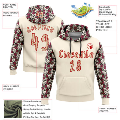 Custom City Cream Red 3D Skull Roses Floral Sports Pullover Sweatshirt Hoodie