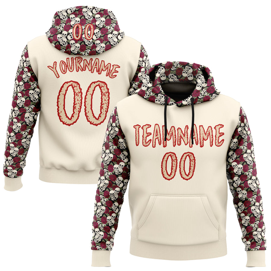 Custom City Cream Red 3D Skull Roses Floral Sports Pullover Sweatshirt Hoodie