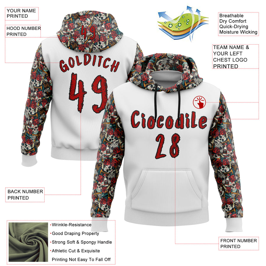 Custom White Red-Black 3D Skull Roses Floral Sports Pullover Sweatshirt Hoodie