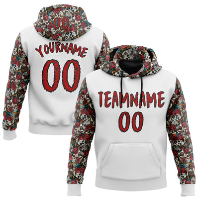 Custom White Red-Black 3D Skull Roses Floral Sports Pullover Sweatshirt Hoodie
