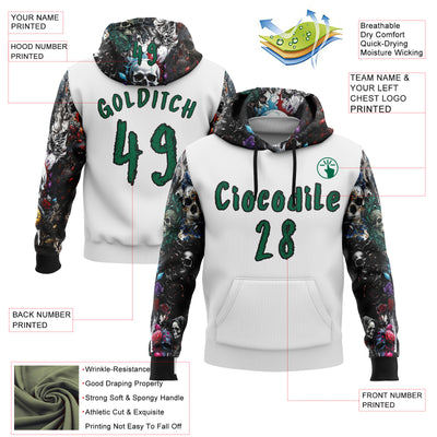 Custom White Kelly Green-Black 3D Skull Roses Floral Sports Pullover Sweatshirt Hoodie