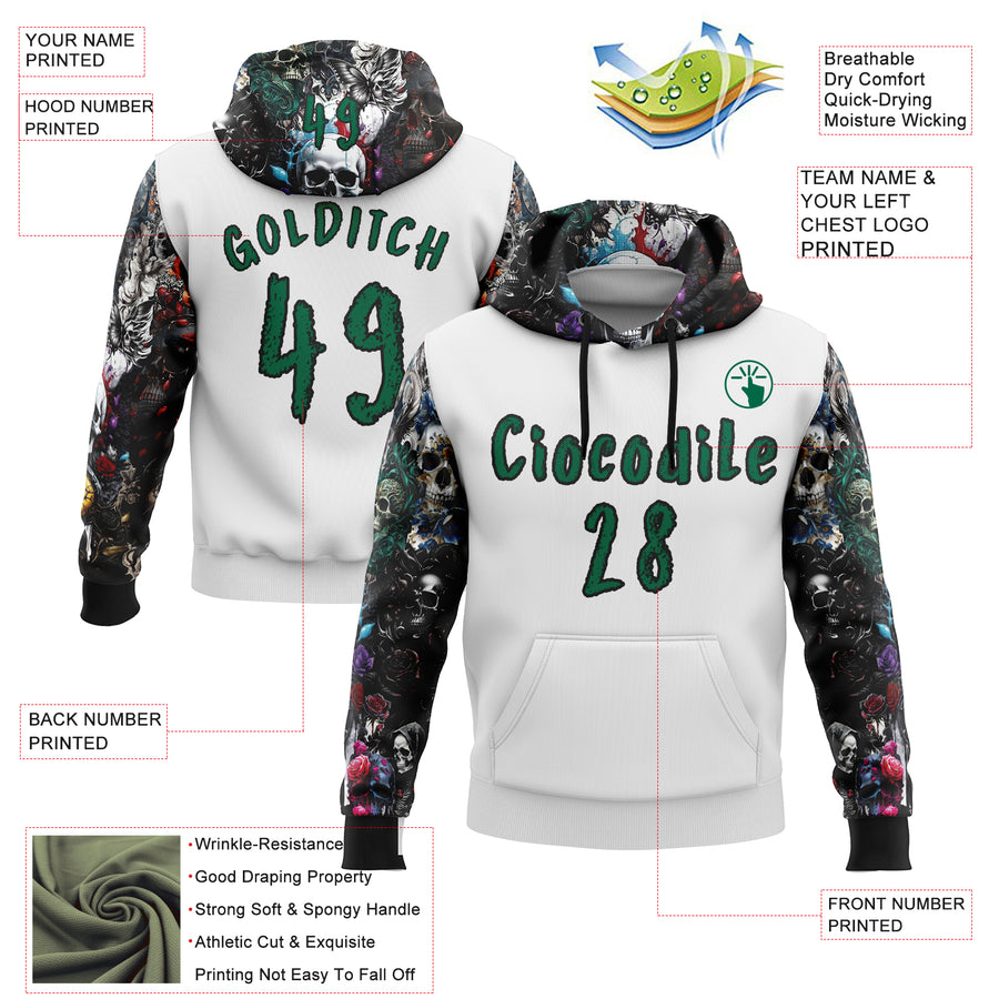 Custom White Kelly Green-Black 3D Skull Roses Floral Sports Pullover Sweatshirt Hoodie