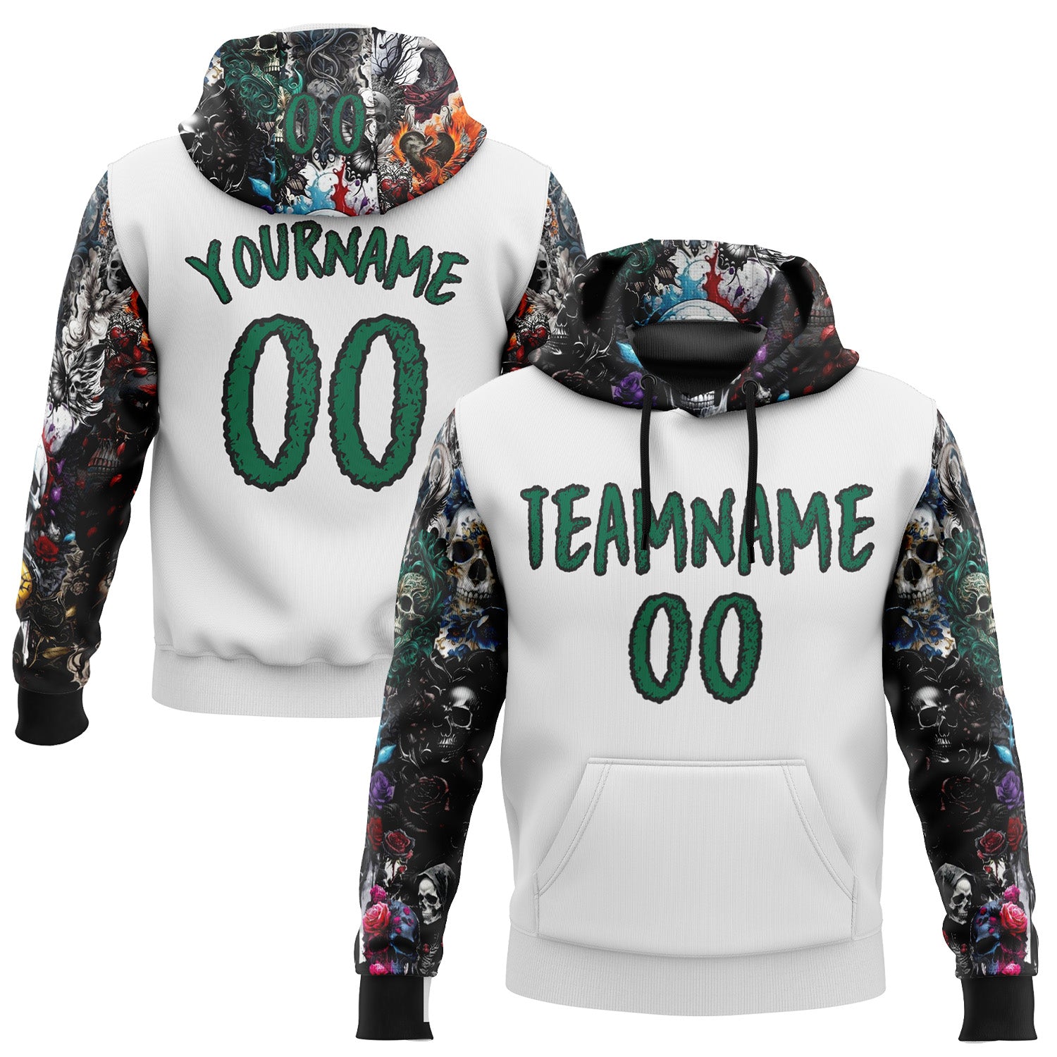 Custom White Kelly Green-Black 3D Skull Roses Floral Sports Pullover Sweatshirt Hoodie