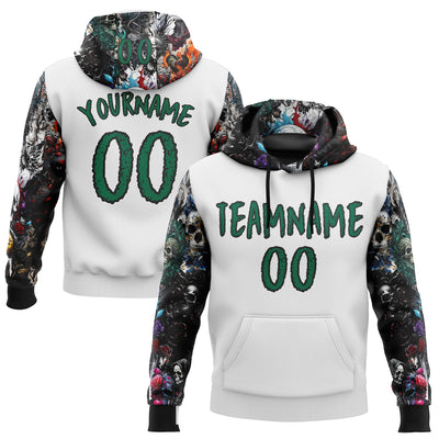 Custom White Kelly Green-Black 3D Skull Roses Floral Sports Pullover Sweatshirt Hoodie