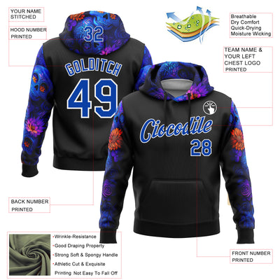 Custom Black Thunder Blue-White 3D Skull Roses Floral Calavera Day Of The Dead Dia de los Muertos Sports Pullover Sweatshirt Hoodie