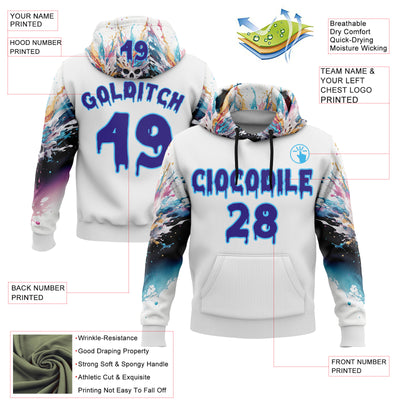 Custom White Dark Purple-Sky Blue 3D Skull Splash Graffiti Sports Pullover Sweatshirt Hoodie