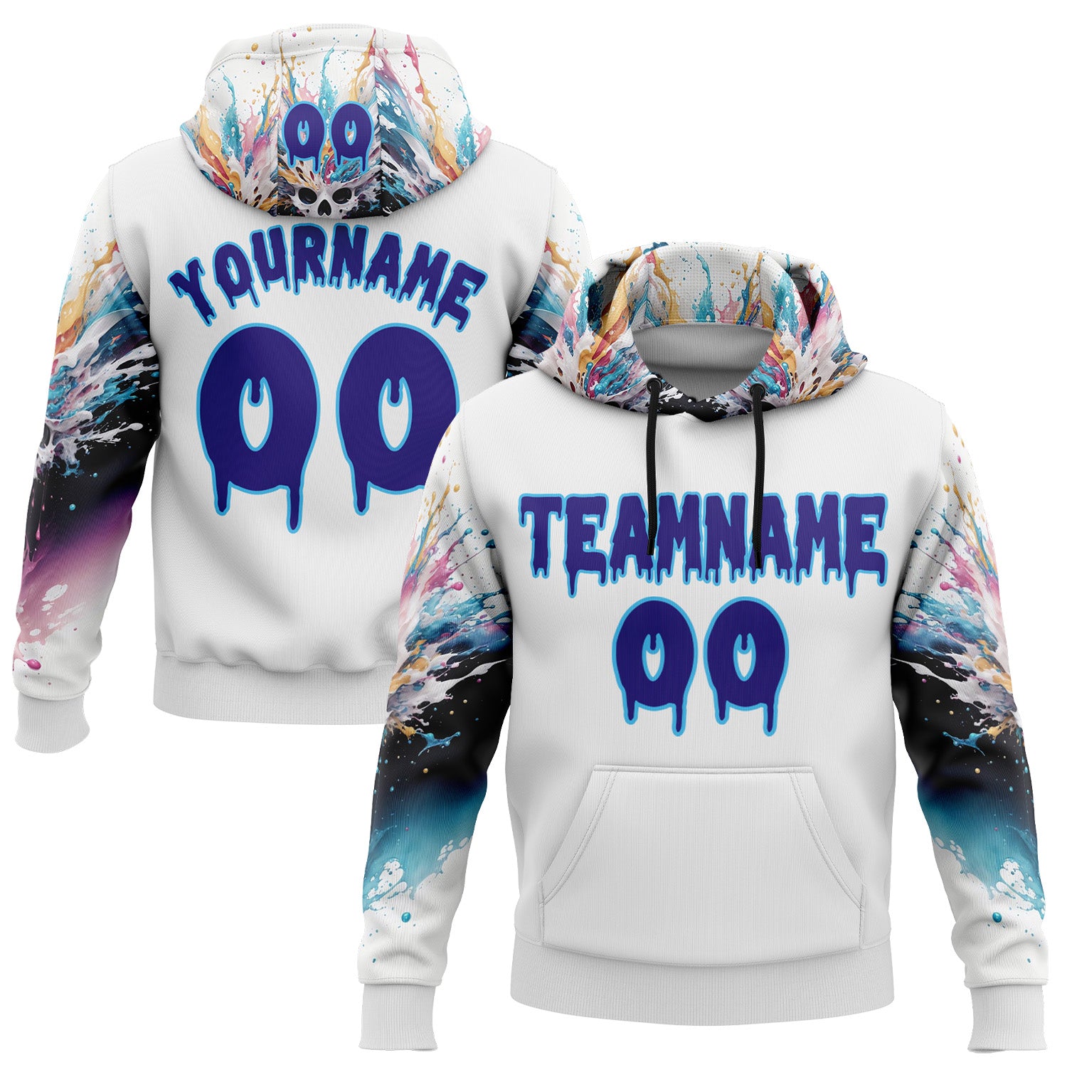 Custom White Dark Purple-Sky Blue 3D Skull Splash Graffiti Sports Pullover Sweatshirt Hoodie