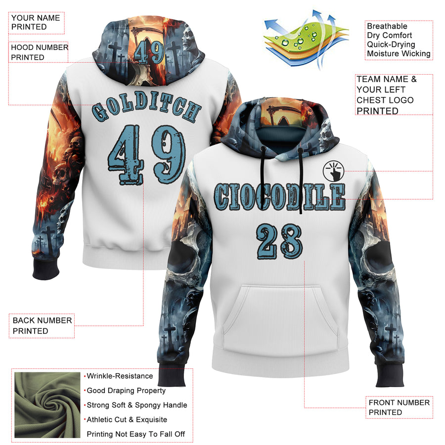 Custom White Shadow Blue-Black 3D Skull Cross Sports Pullover Sweatshirt Hoodie