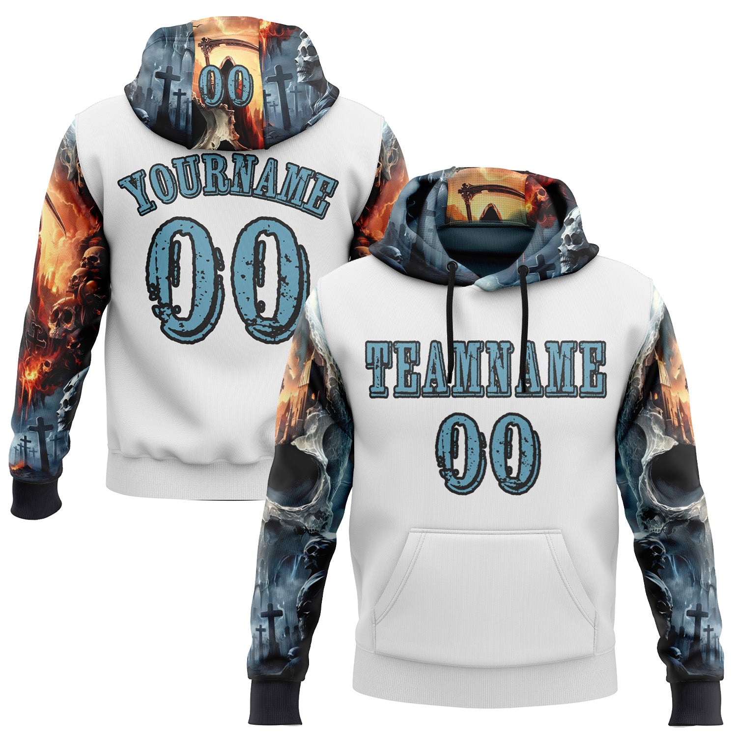 Custom White Shadow Blue-Black 3D Skull Cross Sports Pullover Sweatshirt Hoodie