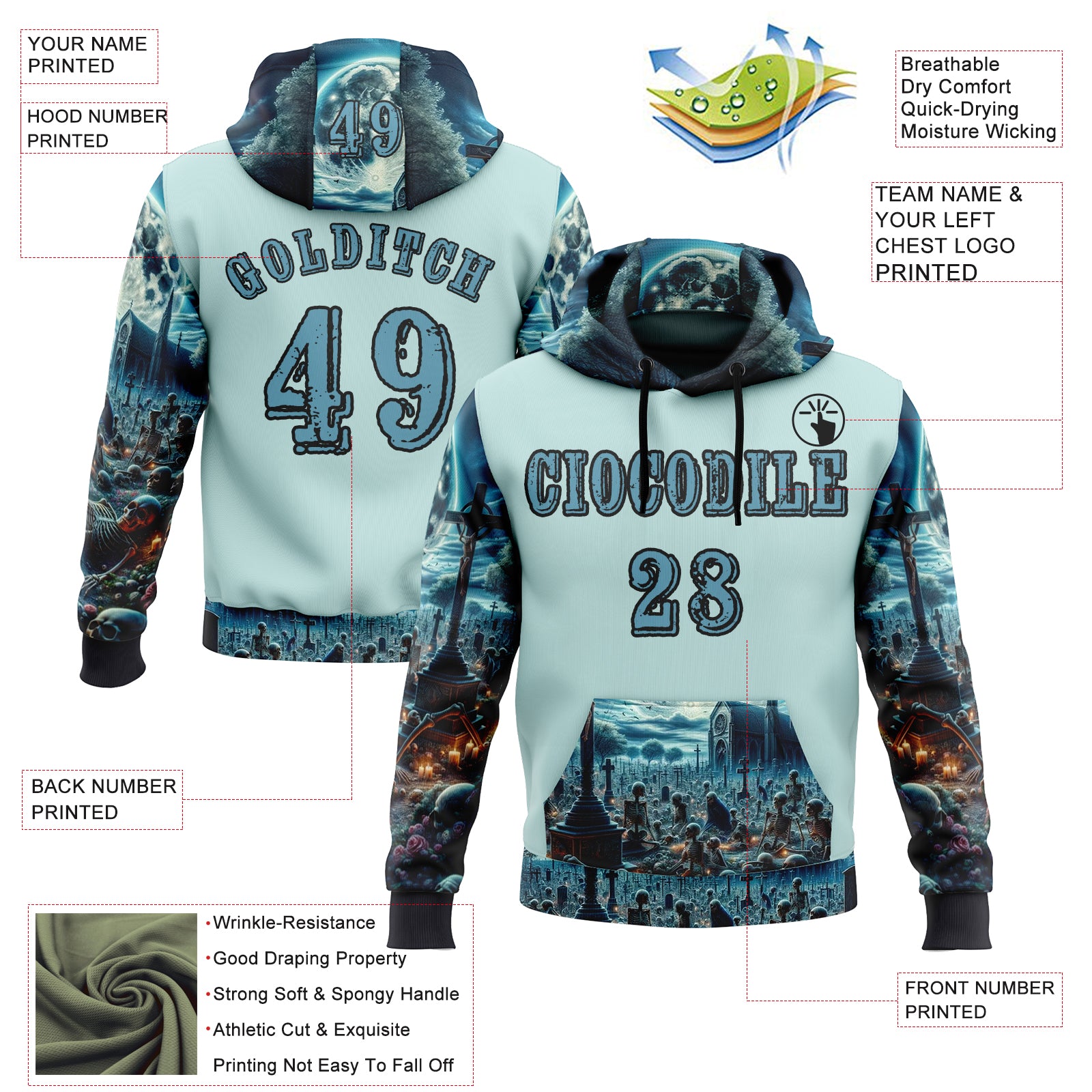 Custom Ice Blue Shadow Blue-Black 3D Skull Cemetery Sports Pullover Sweatshirt Hoodie