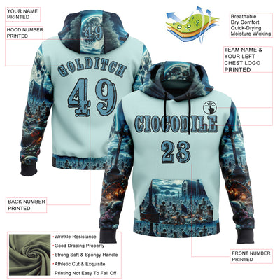 Custom Ice Blue Shadow Blue-Black 3D Skull Cemetery Sports Pullover Sweatshirt Hoodie