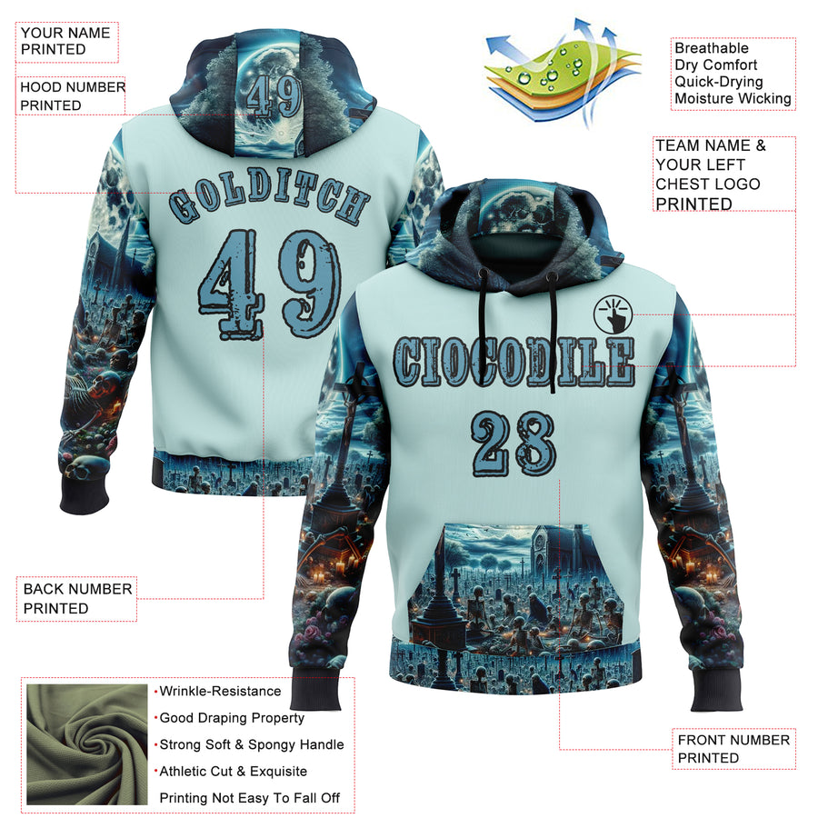 Custom Ice Blue Shadow Blue-Black 3D Skull Cemetery Sports Pullover Sweatshirt Hoodie