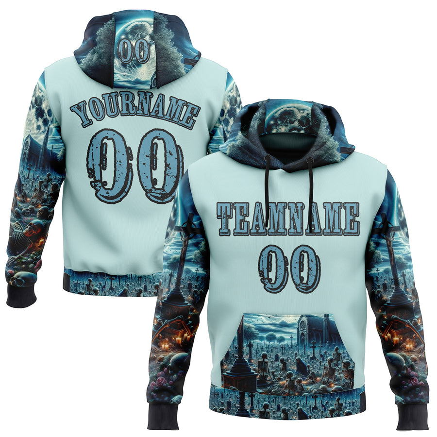 Custom Ice Blue Shadow Blue-Black 3D Skull Cemetery Sports Pullover Sweatshirt Hoodie