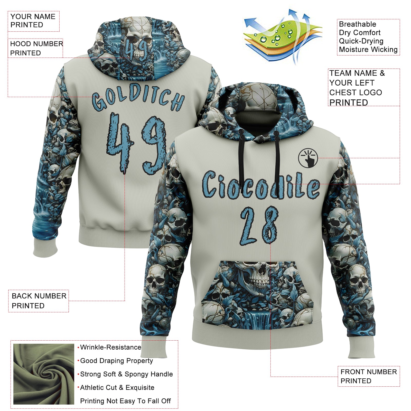 Custom Gray Shadow Blue-Black 3D Skull Floral Sports Pullover Sweatshirt Hoodie