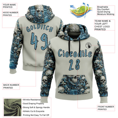 Custom Gray Shadow Blue-Black 3D Skull Floral Sports Pullover Sweatshirt Hoodie