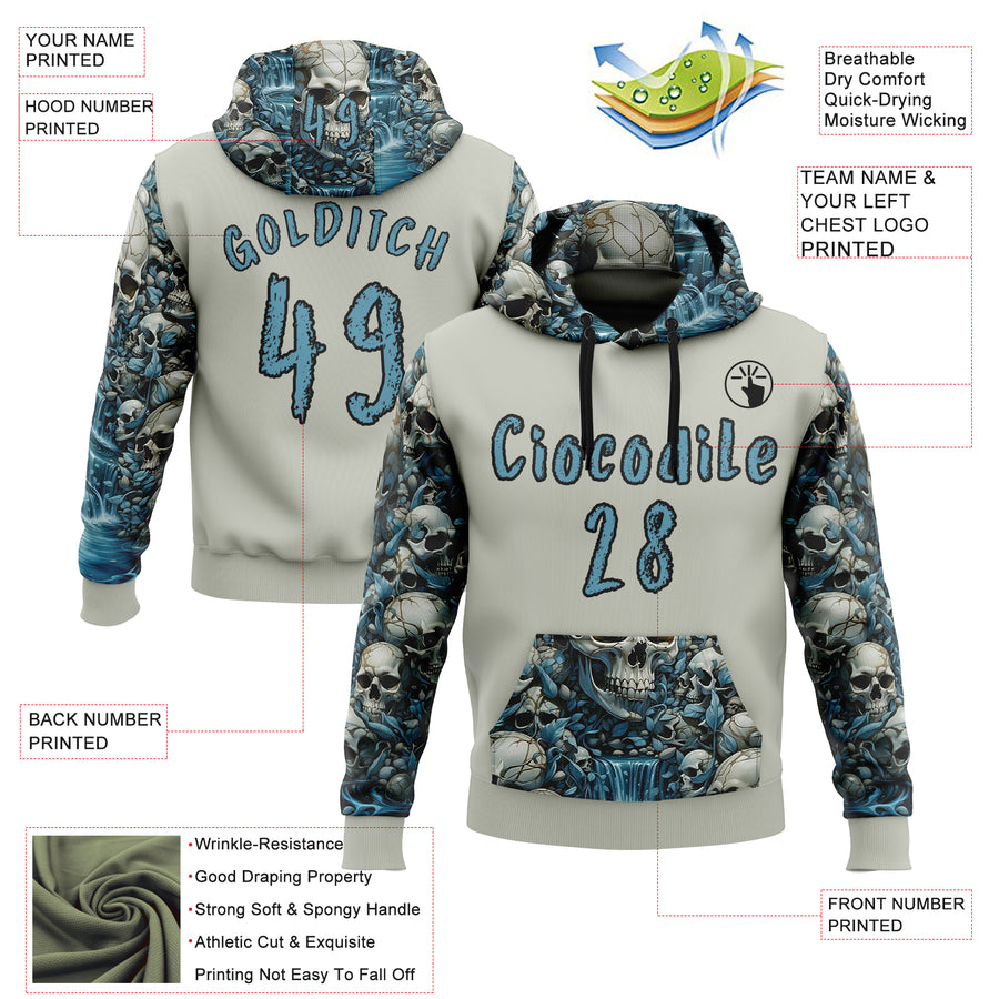 Custom Gray Shadow Blue-Black 3D Skull Floral Sports Pullover Sweatshirt Hoodie