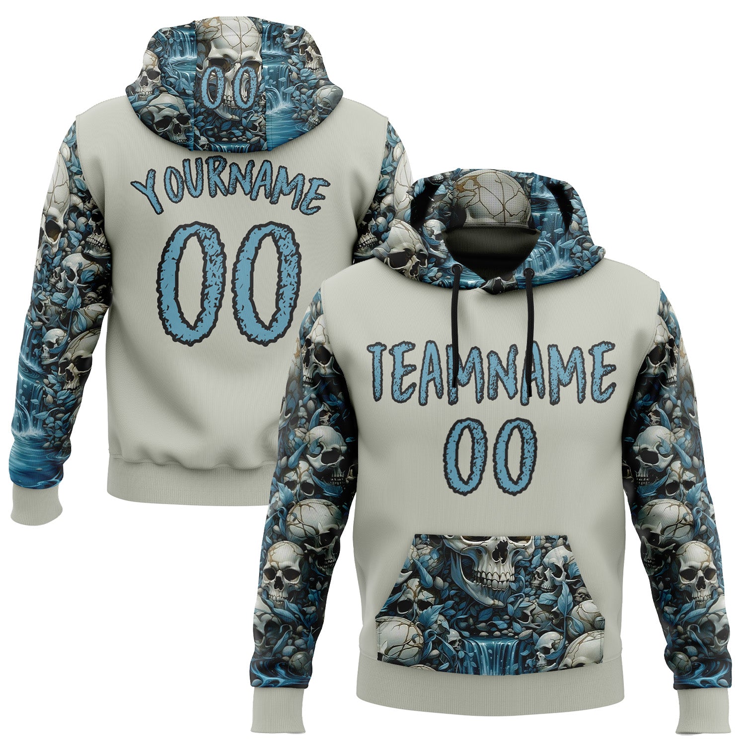 Custom Gray Shadow Blue-Black 3D Skull Floral Sports Pullover Sweatshirt Hoodie