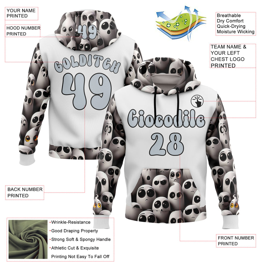 Custom White Silver-Black 3D Skull Funny Soul Sports Pullover Sweatshirt Hoodie