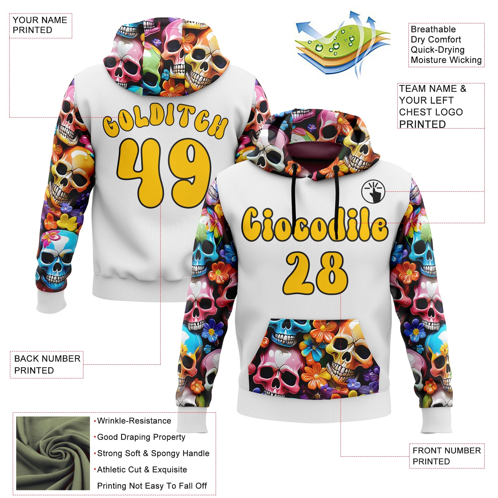 Custom White Yellow-Black 3D Skull Chromatic Floral Sports Pullover Sweatshirt Hoodie