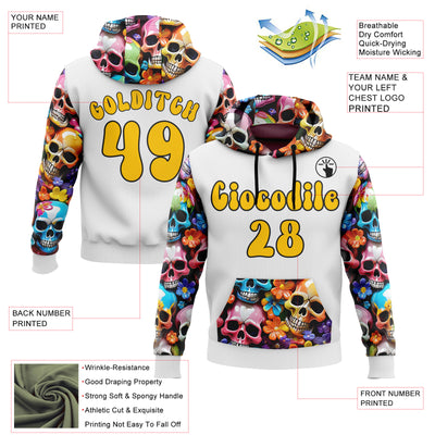 Custom White Yellow-Black 3D Skull Chromatic Floral Sports Pullover Sweatshirt Hoodie
