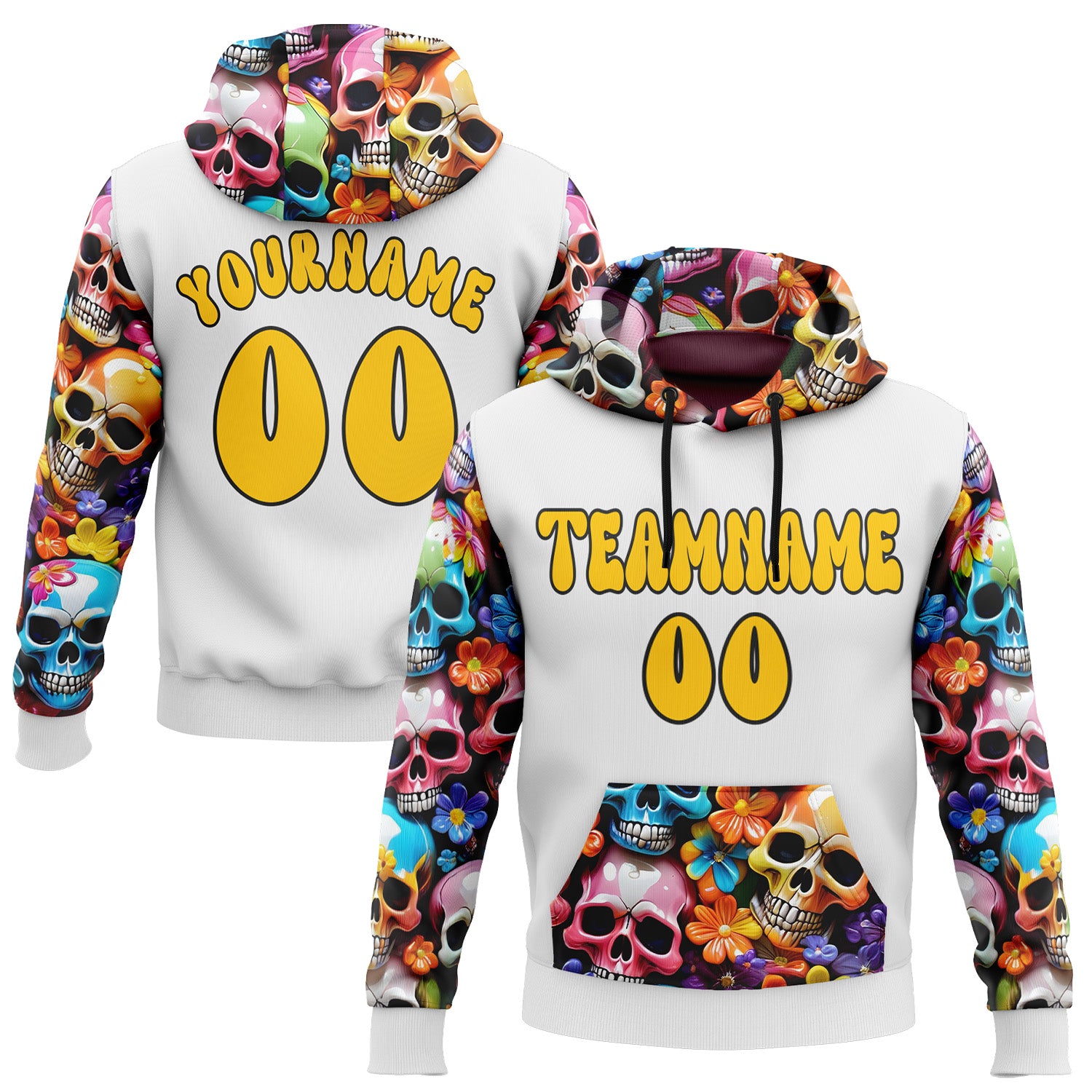 Custom White Yellow-Black 3D Skull Chromatic Floral Sports Pullover Sweatshirt Hoodie