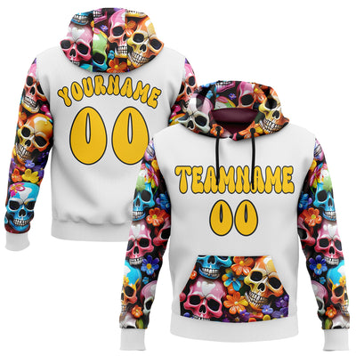Custom White Yellow-Black 3D Skull Chromatic Floral Sports Pullover Sweatshirt Hoodie