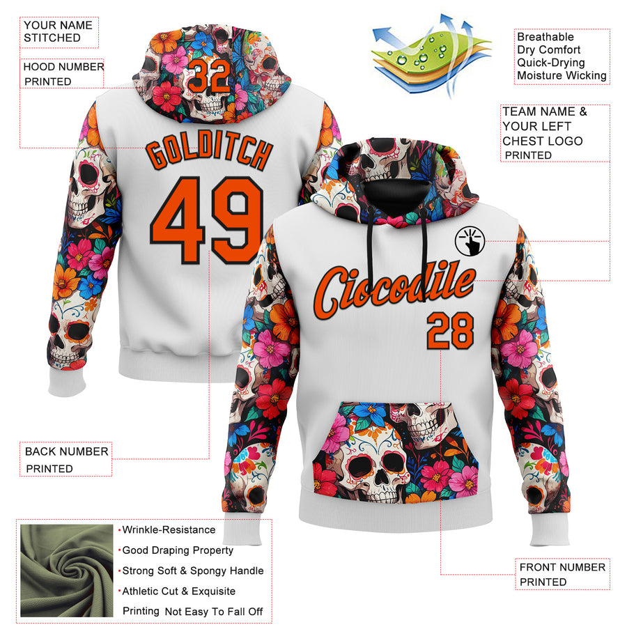 Custom White Orange-Black 3D Skull Calavera Day Of The Dead Dia de los Muertos Sports Pullover Sweatshirt Hoodie