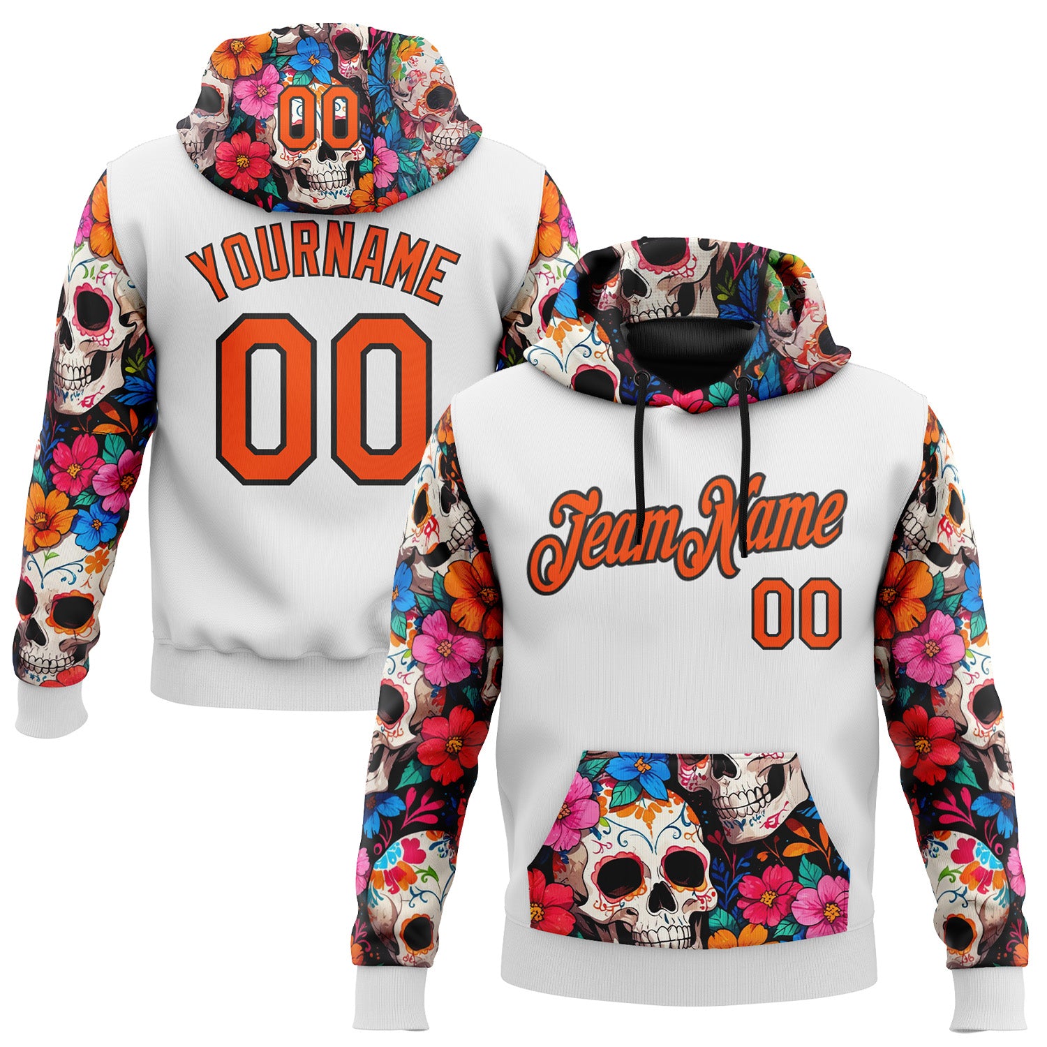 Custom White Orange-Black 3D Skull Calavera Day Of The Dead Dia de los Muertos Sports Pullover Sweatshirt Hoodie