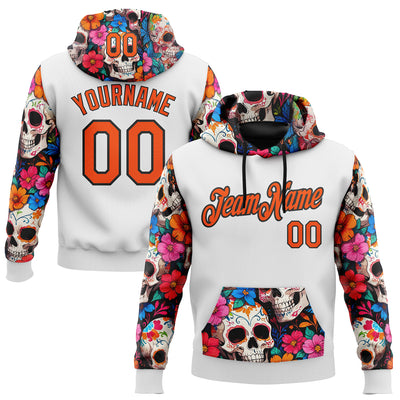 Custom White Orange-Black 3D Skull Calavera Day Of The Dead Dia de los Muertos Sports Pullover Sweatshirt Hoodie